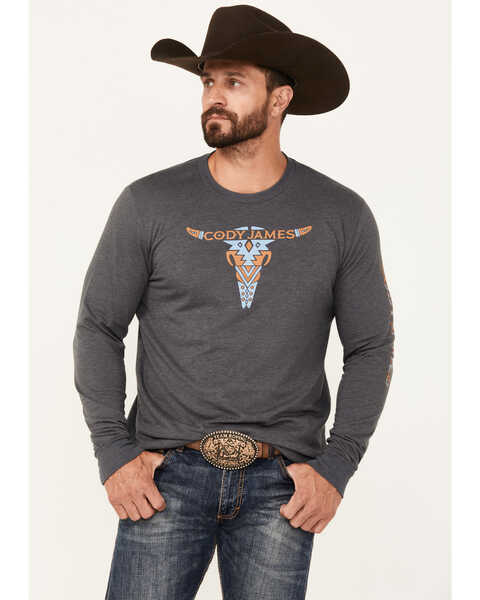 Image #1 - Cody James Men's Tribal Bull Long Sleeve Graphic T-Shirt, Charcoal, hi-res