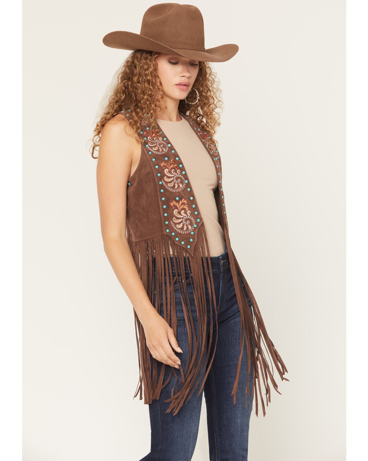 Shyanne Women's Simpson Embellished Fringe Faux Suede Vest, Brown, hi-res