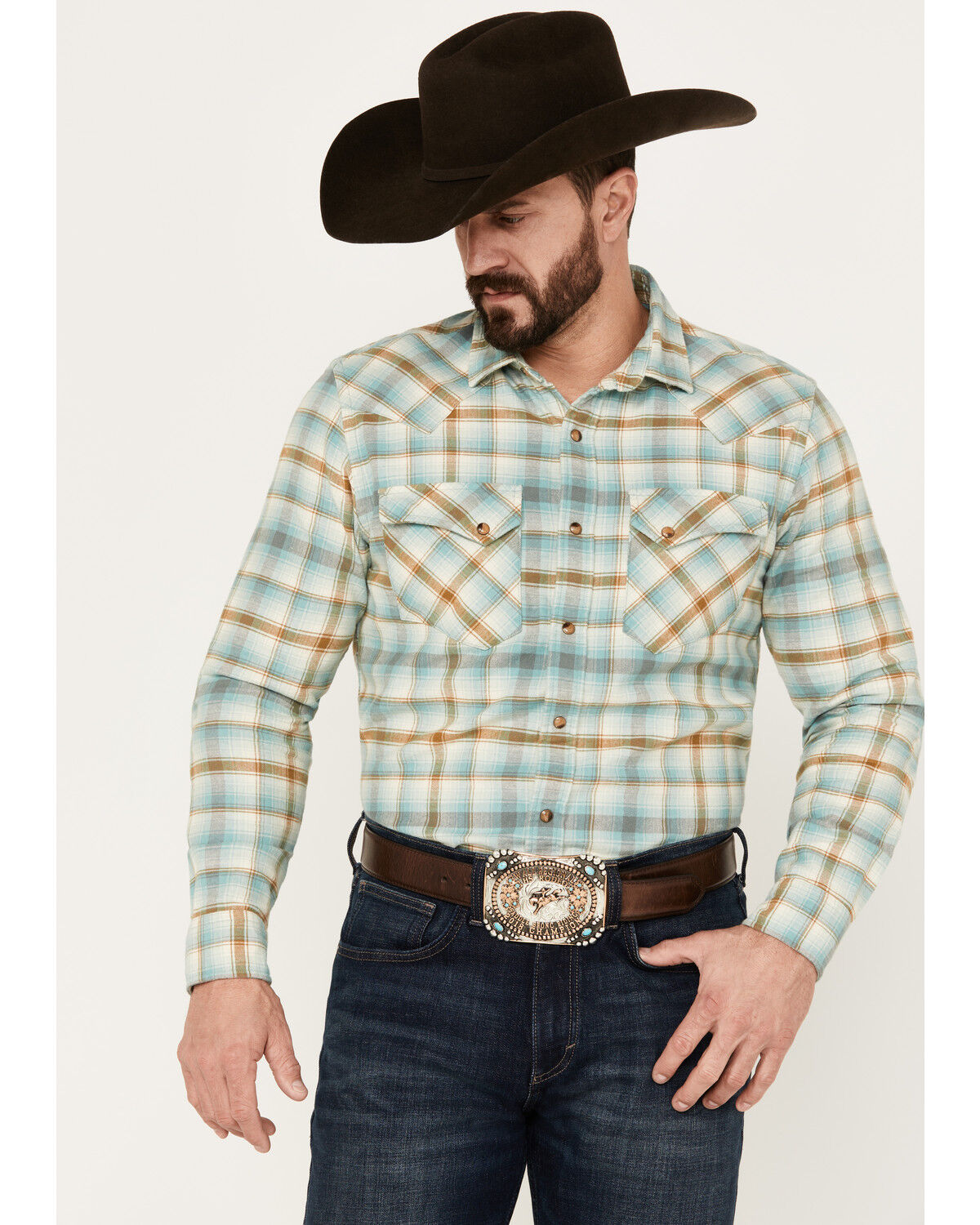 Image #1 - Pendleton Men's Wyatt Plaid Long Sleeve Snap Western Shirt, Seafoam, hi-res
