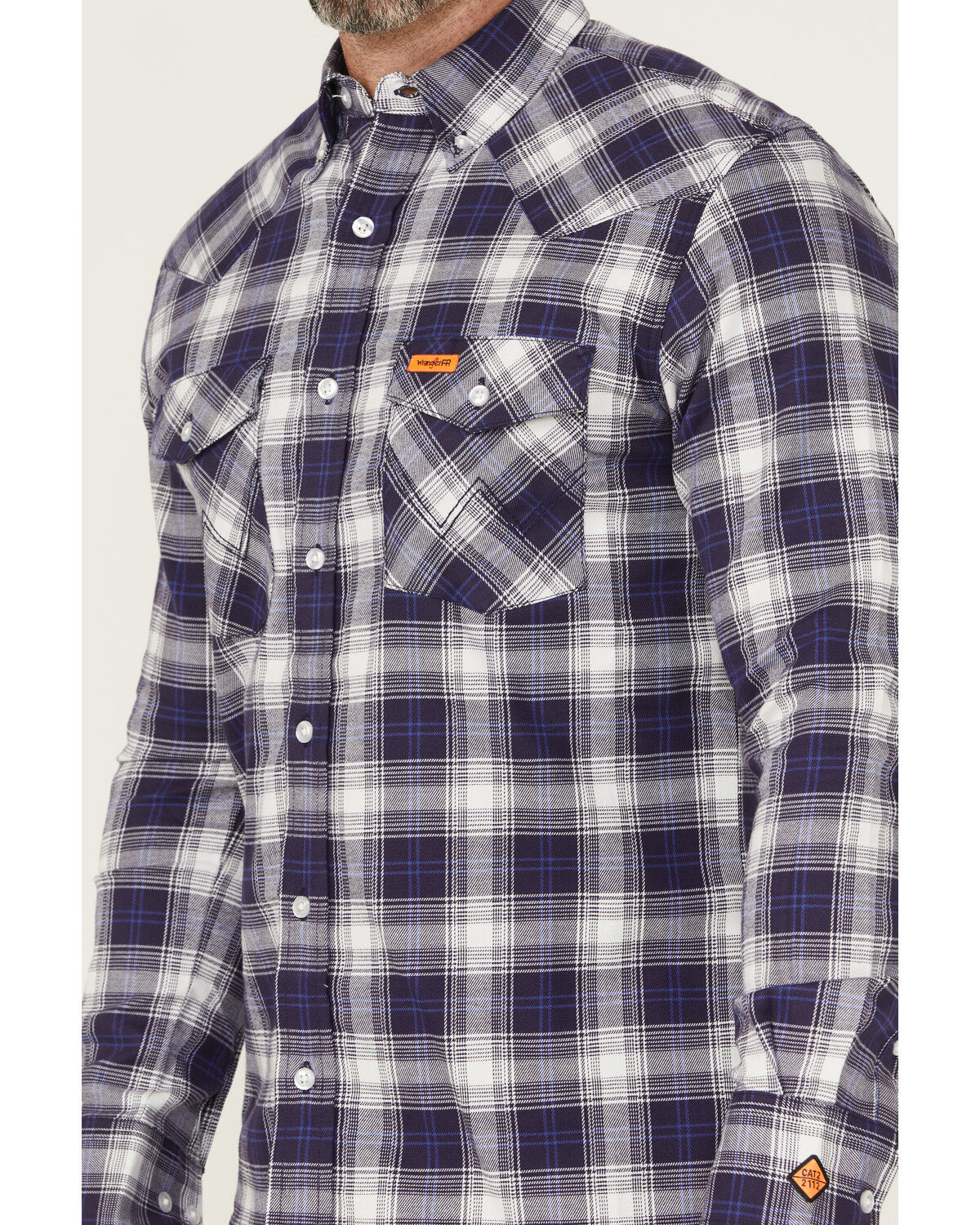 Image #3 - Wrangler Men's FR Plaid Print Long Sleeve Button-Down Work Shirt, Navy, hi-res