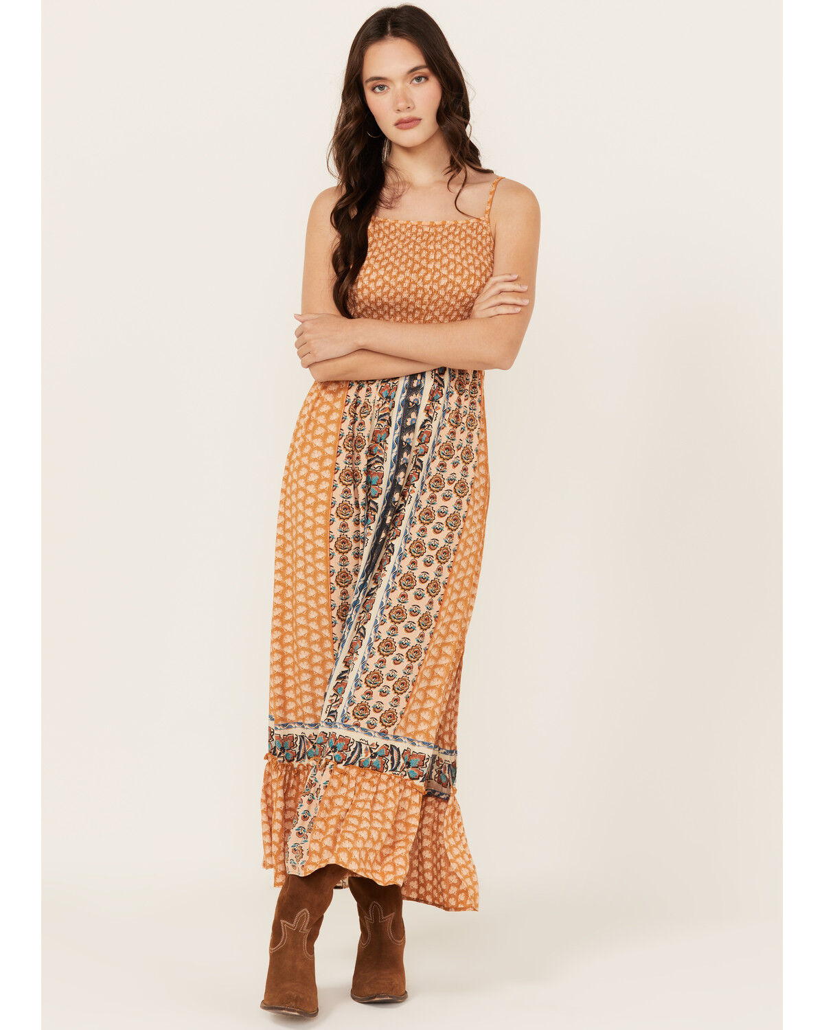 Image #2 - Angie Women's Border Print Smocked Midi Dress, Mustard, hi-res