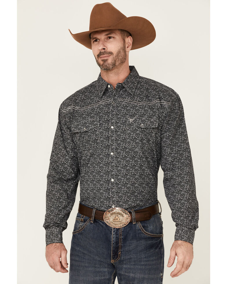 Cowboy Hardware Men's Bramble Floral Print Embroidered Long Sleeve Snap Western Shirt , Black, hi-res