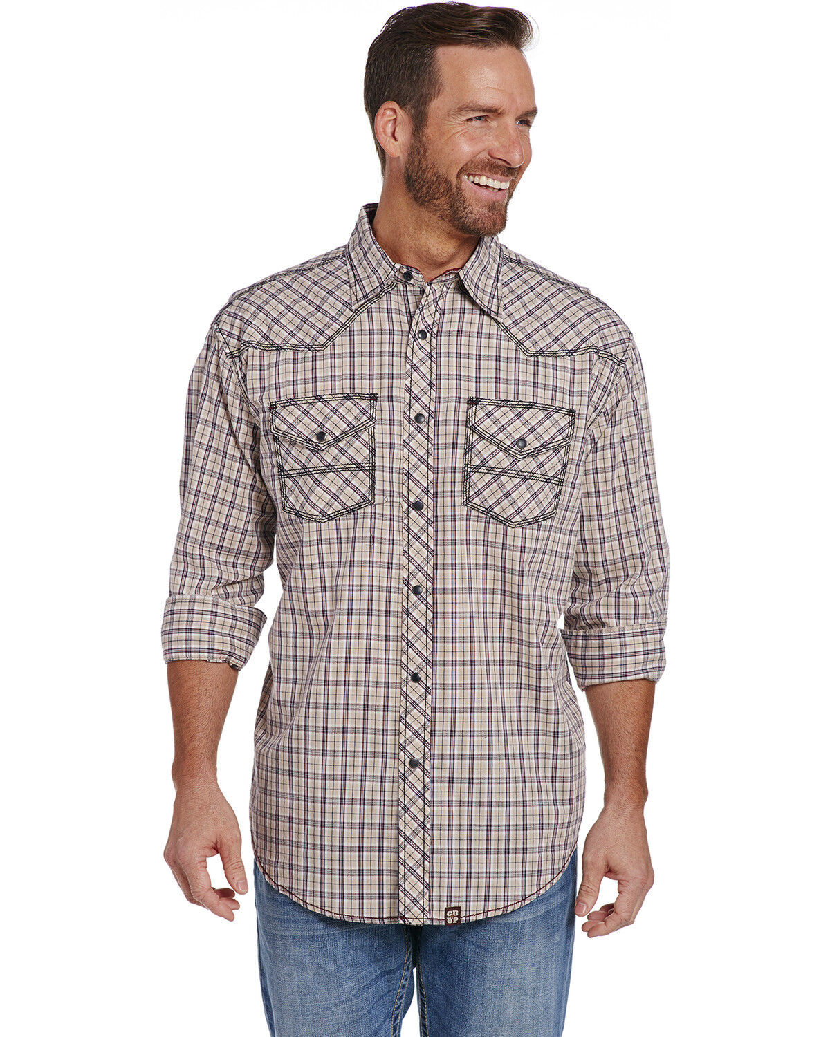 Image #1 - Cowboy Up Men's Enzyme Wash Plaid Print Long Sleeve Snap Western Shirt, Tan, hi-res