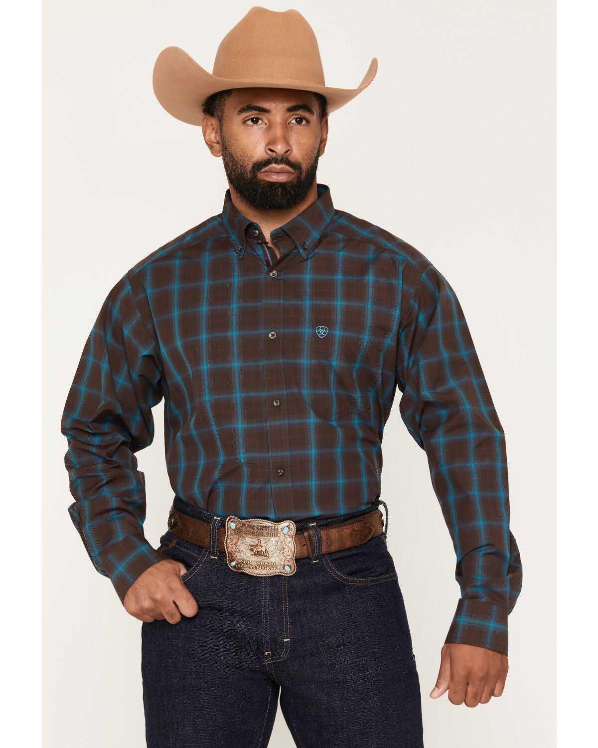 Ariat Men's Pro Series Duff Plaid Print Long Sleeve Button-Down Western Shirt - Tall, Chocolate, hi-res