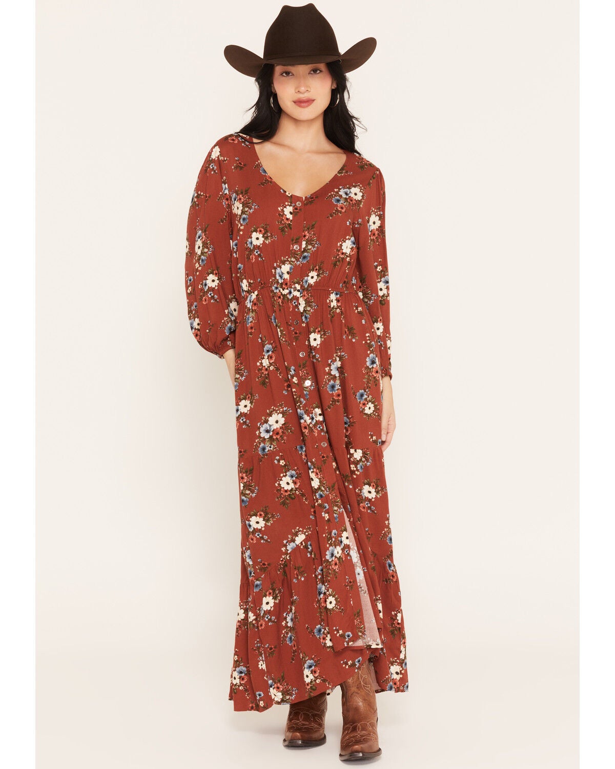 Cotton & Rye Women's Boot Barn Exclusive Floral Print Button-Front High-Low Midi Dress, Brown, hi-res