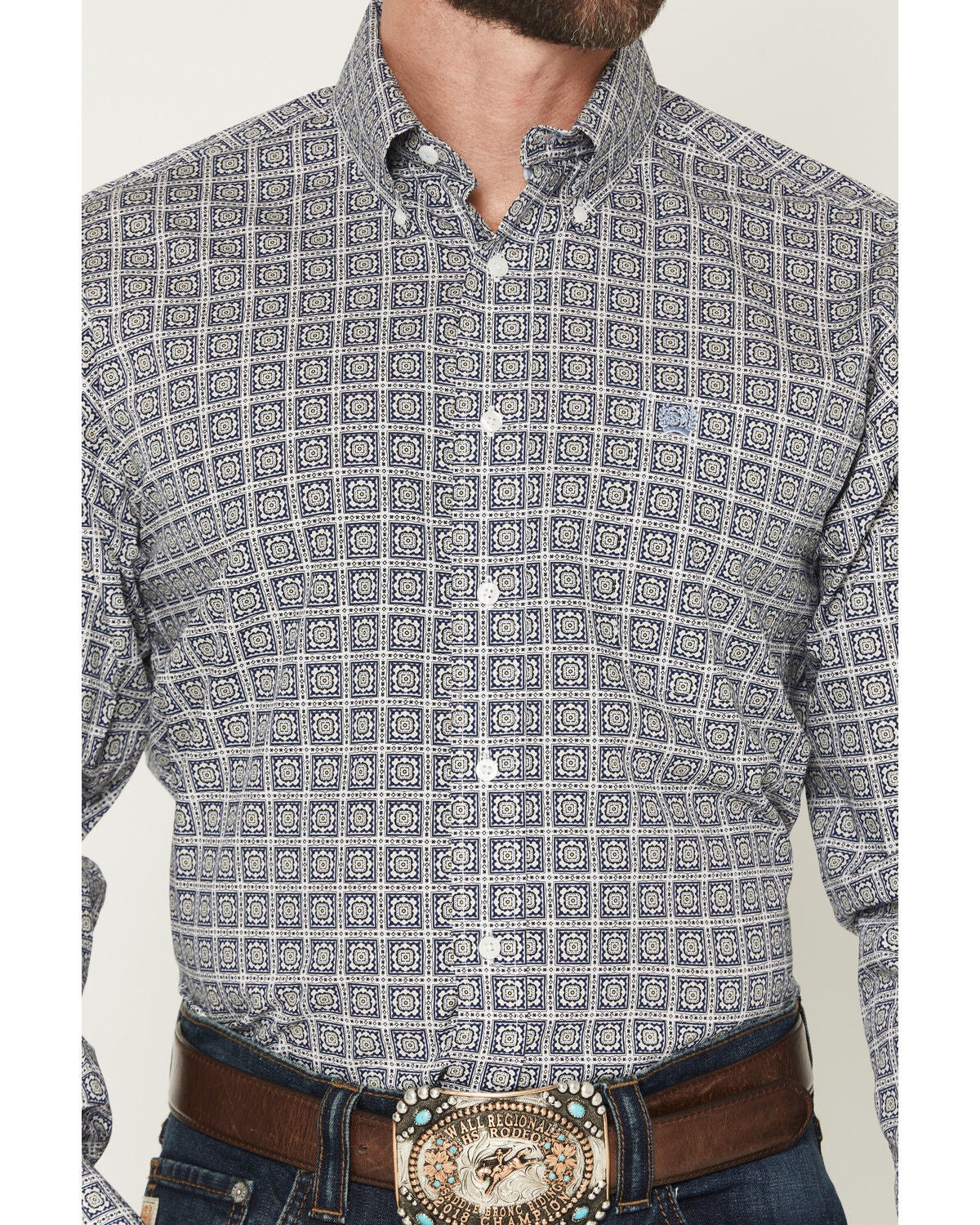 Image #3 - Cinch Men's Geo Print Long Sleeve Button-Down Western Shirt, Navy, hi-res