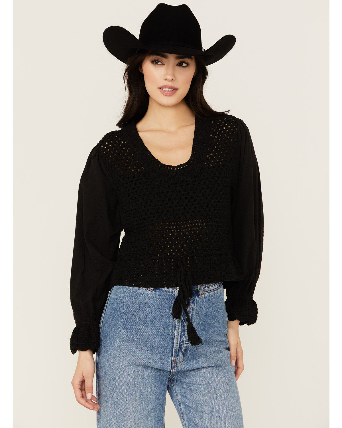 Image #1 - Revel Women's Layer Crochet Long Sleeve Shirt, Black, hi-res