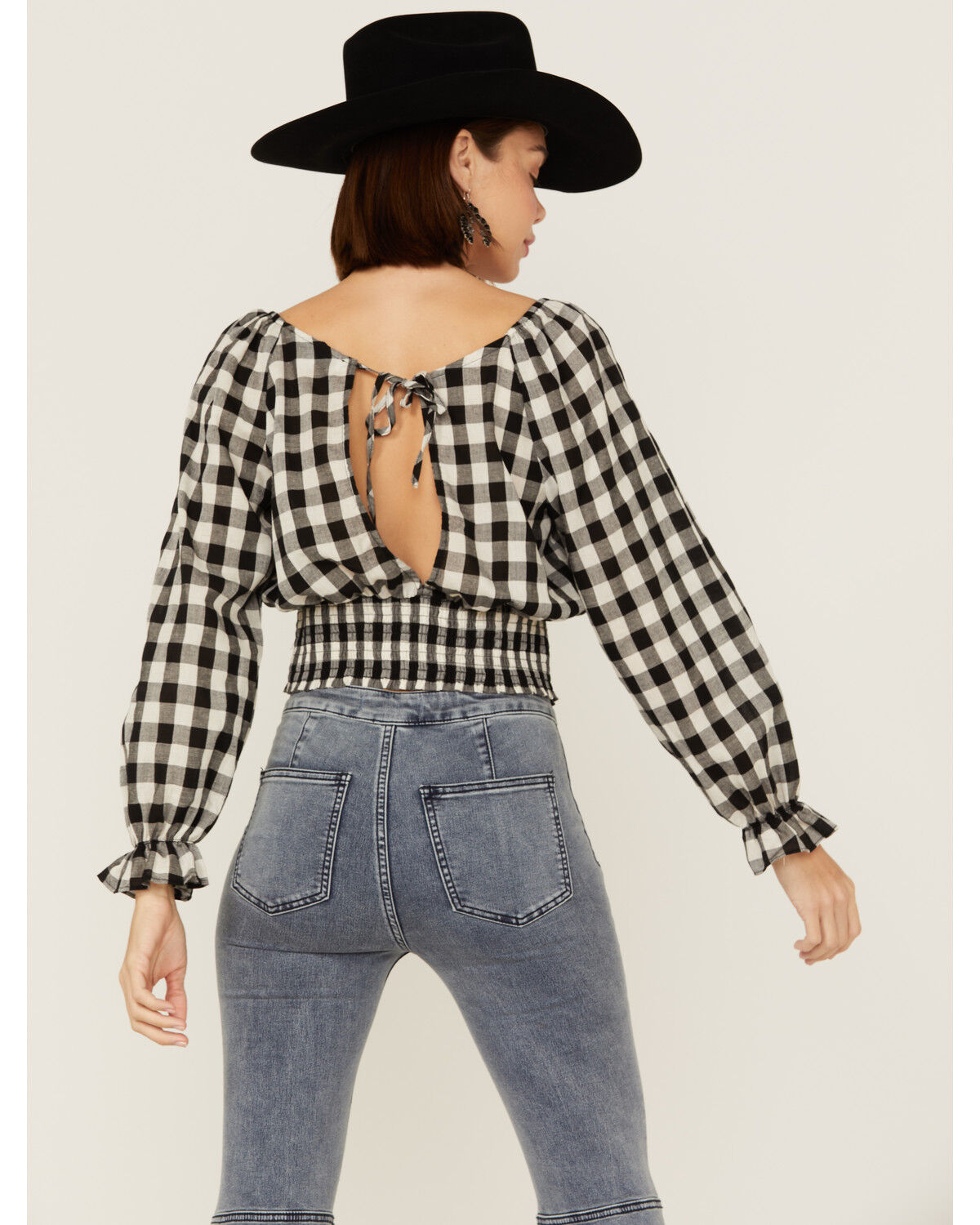 Image #2 - Beyond The Radar Women's Gingham Tie Back Smocked Blouse, Black, hi-res