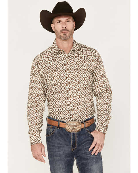 Wrangler Retro Men's Premium Southwestern Print Long Sleeve Snap Western Shirt, Brown, hi-res