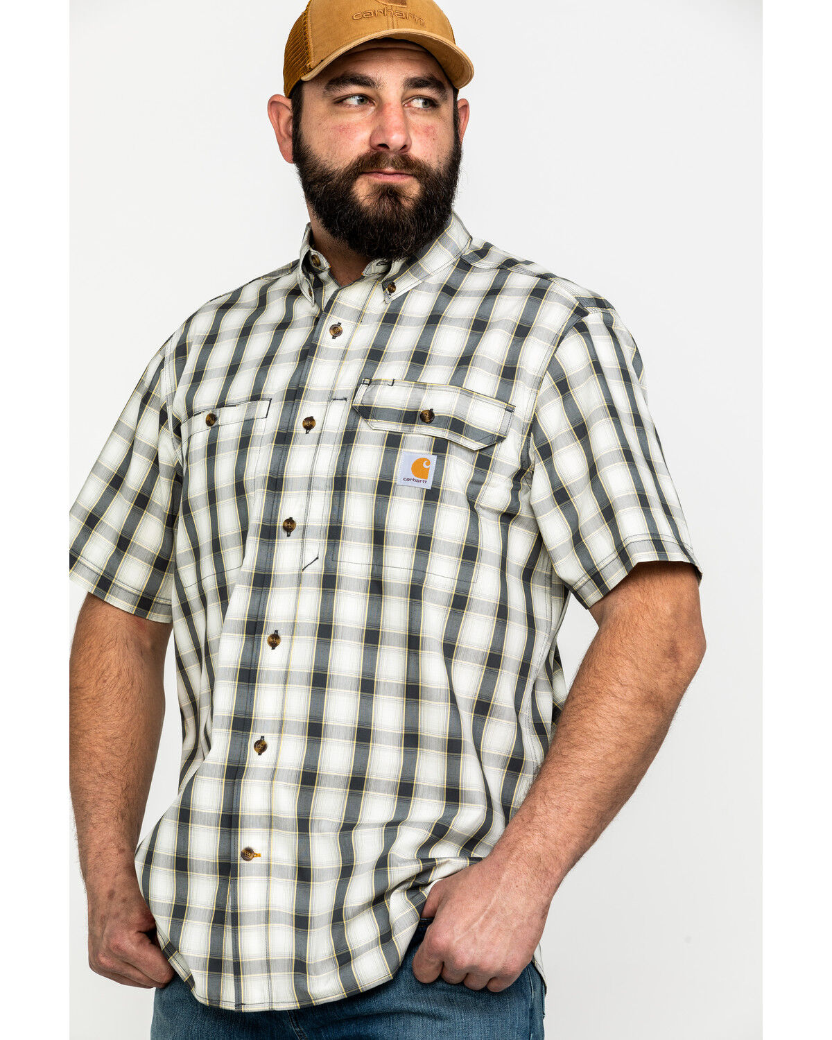 Image #1 - Carhartt Men's Plaid Print Rugged Flex Rigby Short Sleeve Work Shirt, Grey, hi-res