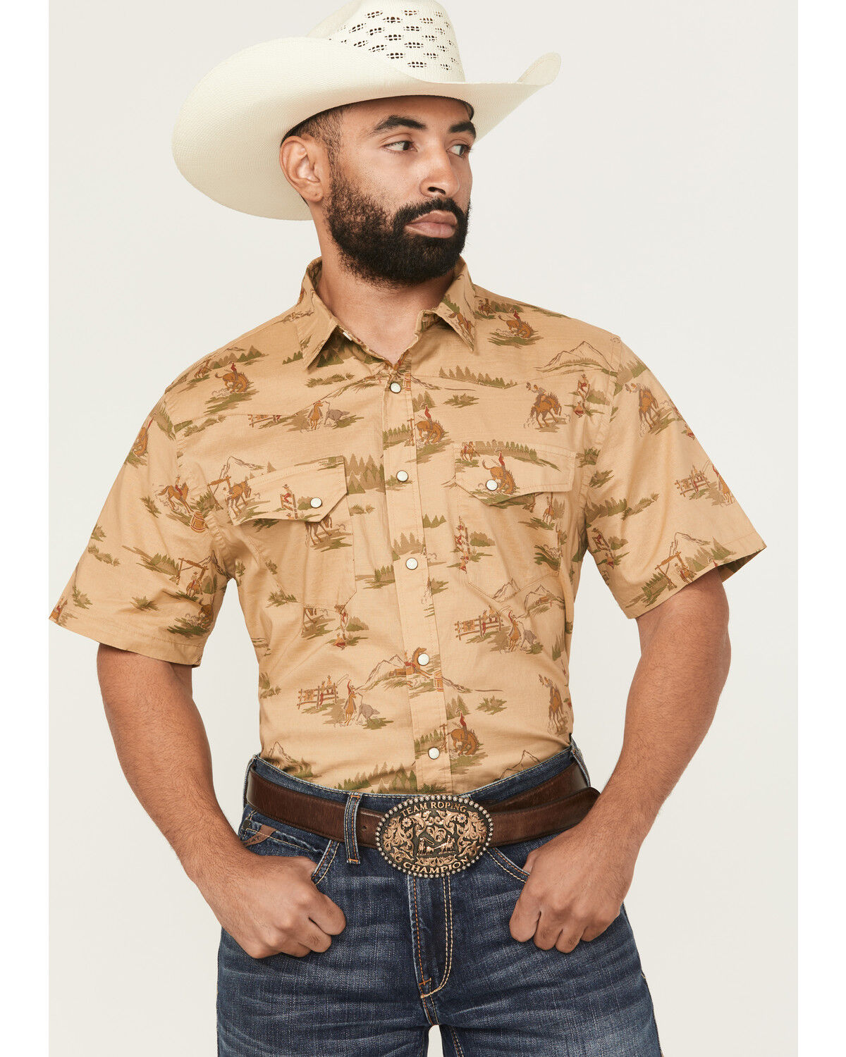 Image #1 - Pendleton Men's Laramie Ranch Print Short Sleeve Snap Western Shirt, Mustard, hi-res
