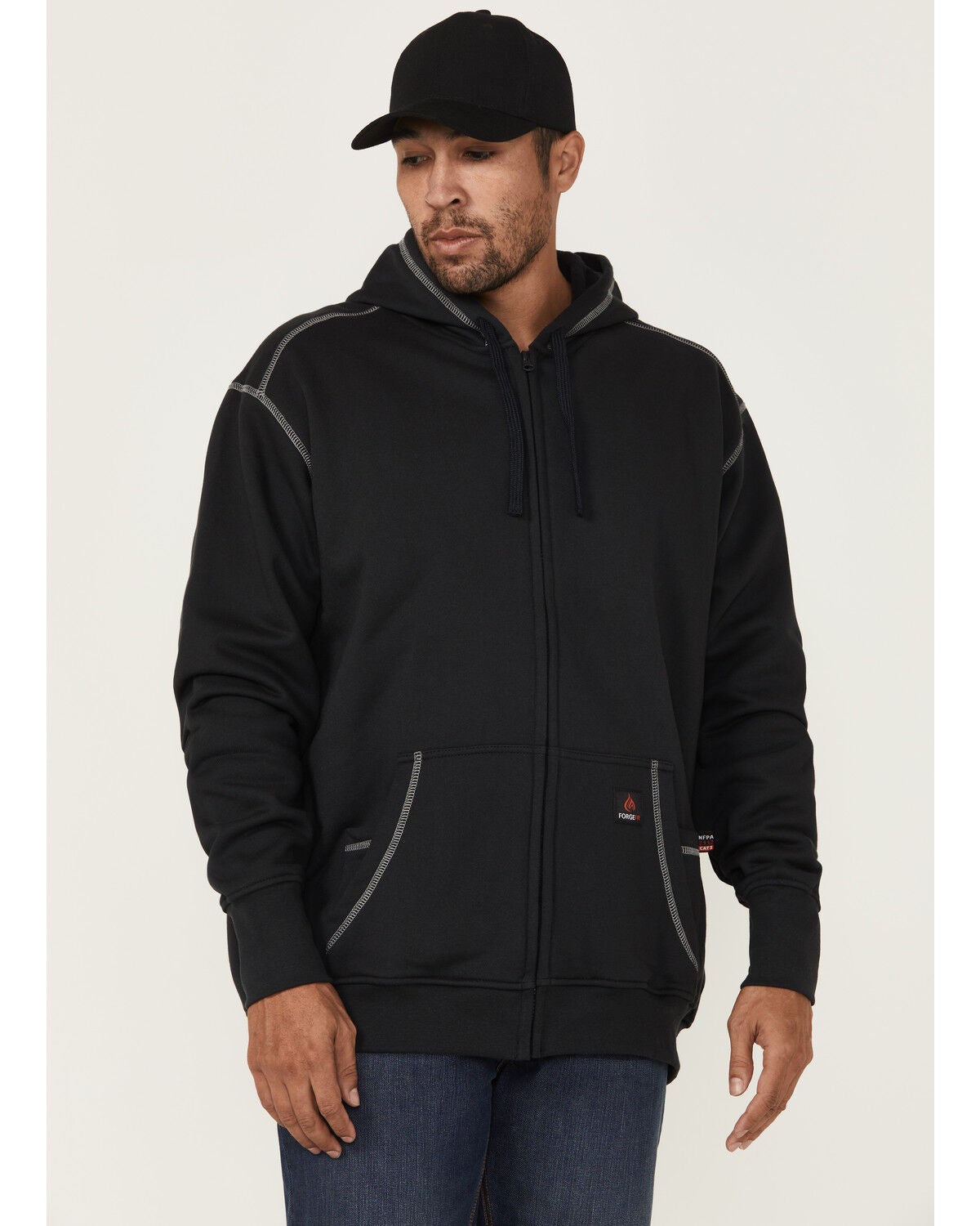 Forge Workwear Men's FR Solid Contrast Stitch Zip Hooded Jacket, Navy, hi-res