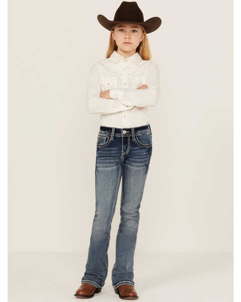 Grace in LA Girls' Medium Wash Mid Rise Floral Steer Head Pocket Bootcut Jeans, Medium Wash, hi-res