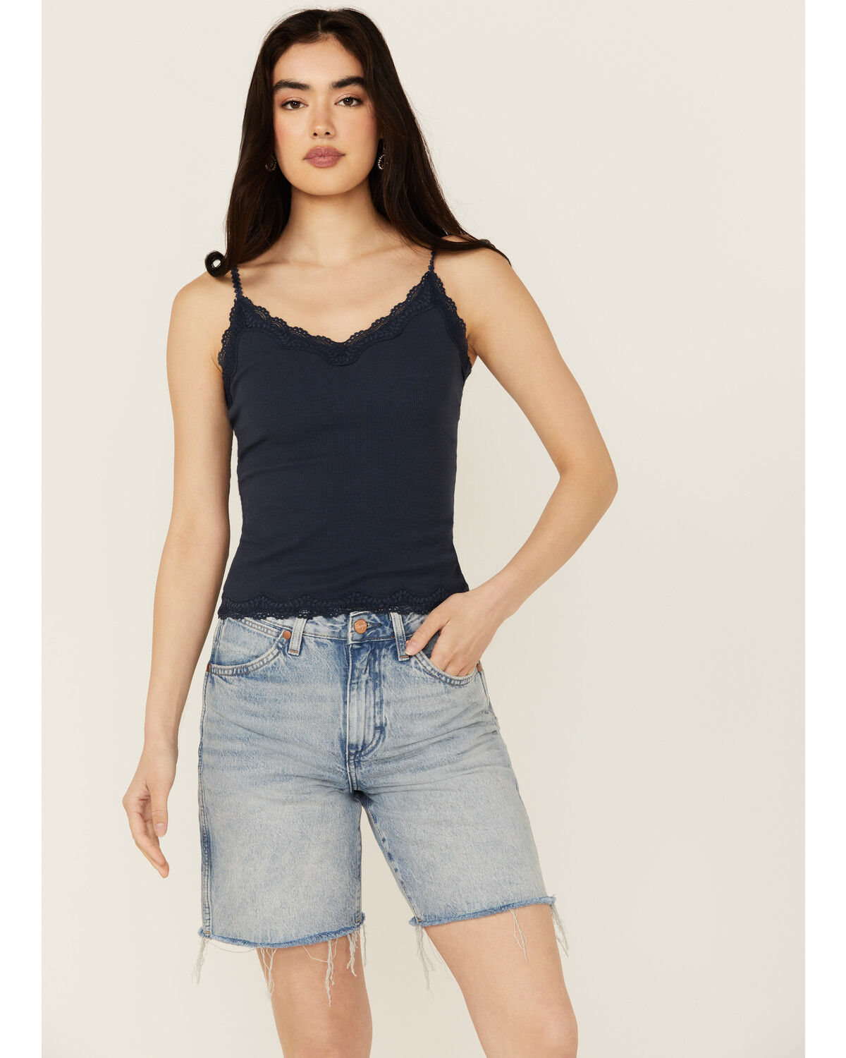 Image #1 - Shyanne Women's Lace Trim Ribbed Cami, Navy, hi-res
