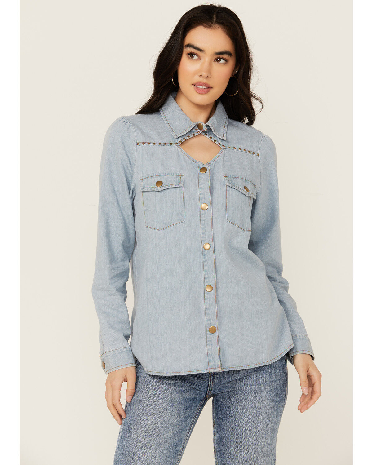 Image #1 - Blue B Women's Light Wash Studded Keyhole Long Sleeve Snap Denim Shirt, Blue, hi-res
