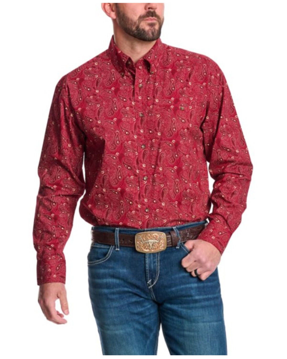 Image #1 - George Strait by Wrangler Men's Plaid Print Long Sleeve Button-Down Stretch Western Shirt, Red, hi-res