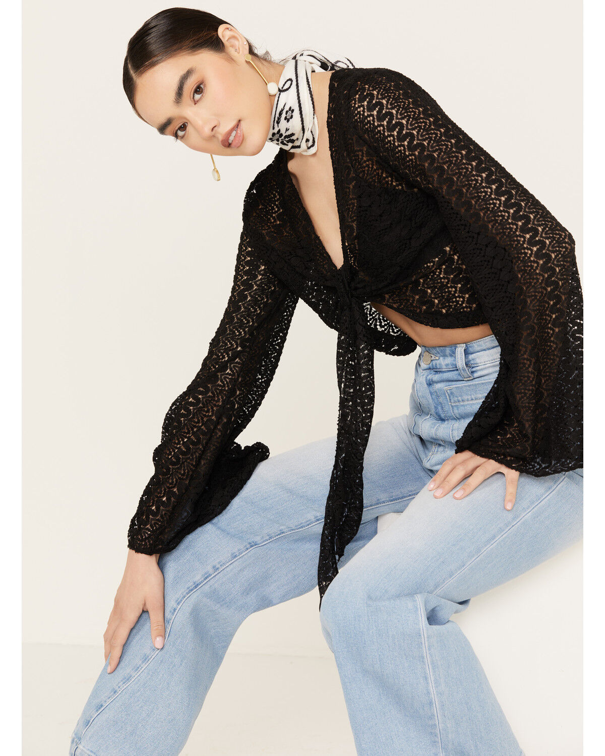 Image #1 - Wild Moss Women's Tie Front Textured Top, Black, hi-res