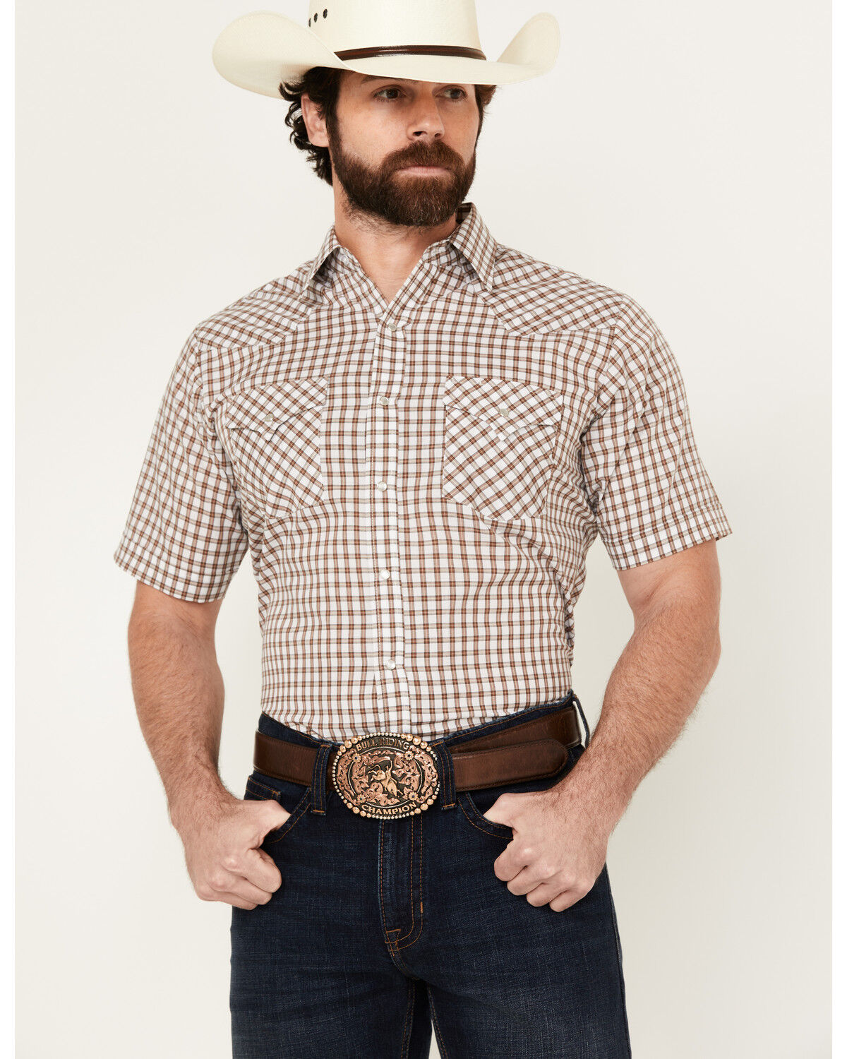 Image #1 - Ely Walker Men's Checkered Print Short Sleeve Snap Western Shirt, Brown, hi-res