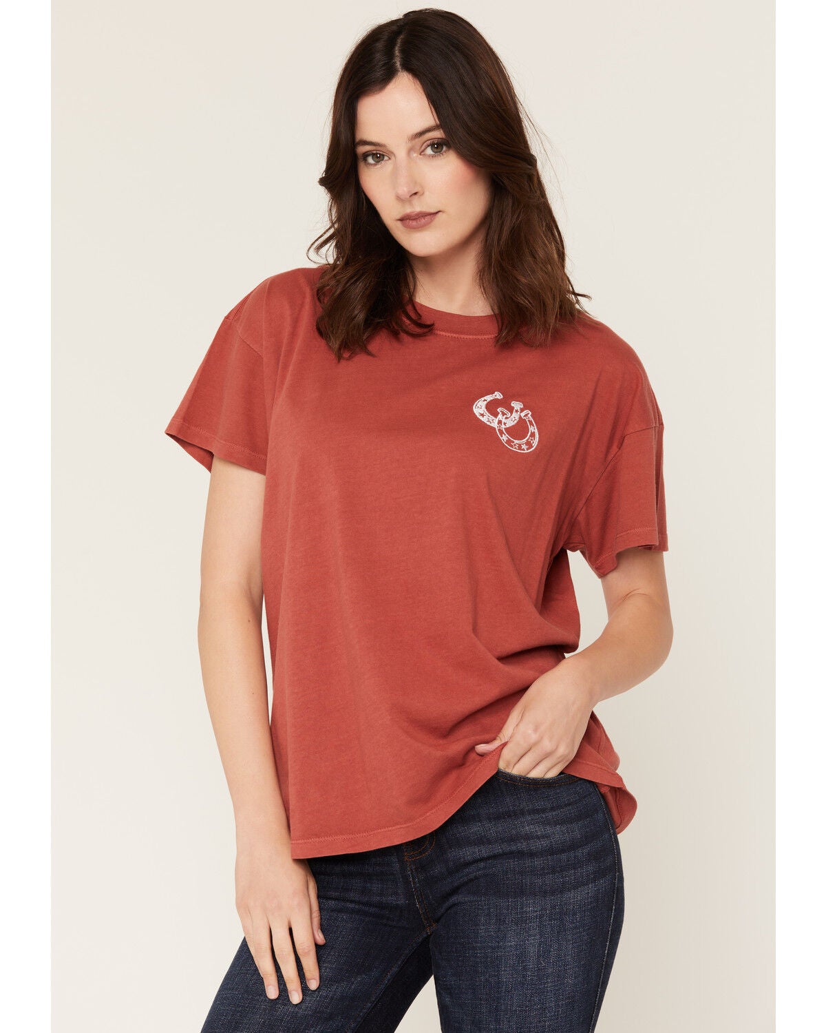 Image #1 - Girl Dangerous Women's Horseshoe Embroidered Short Sleeve Oversized Graphic Tee, Rust Copper, hi-res