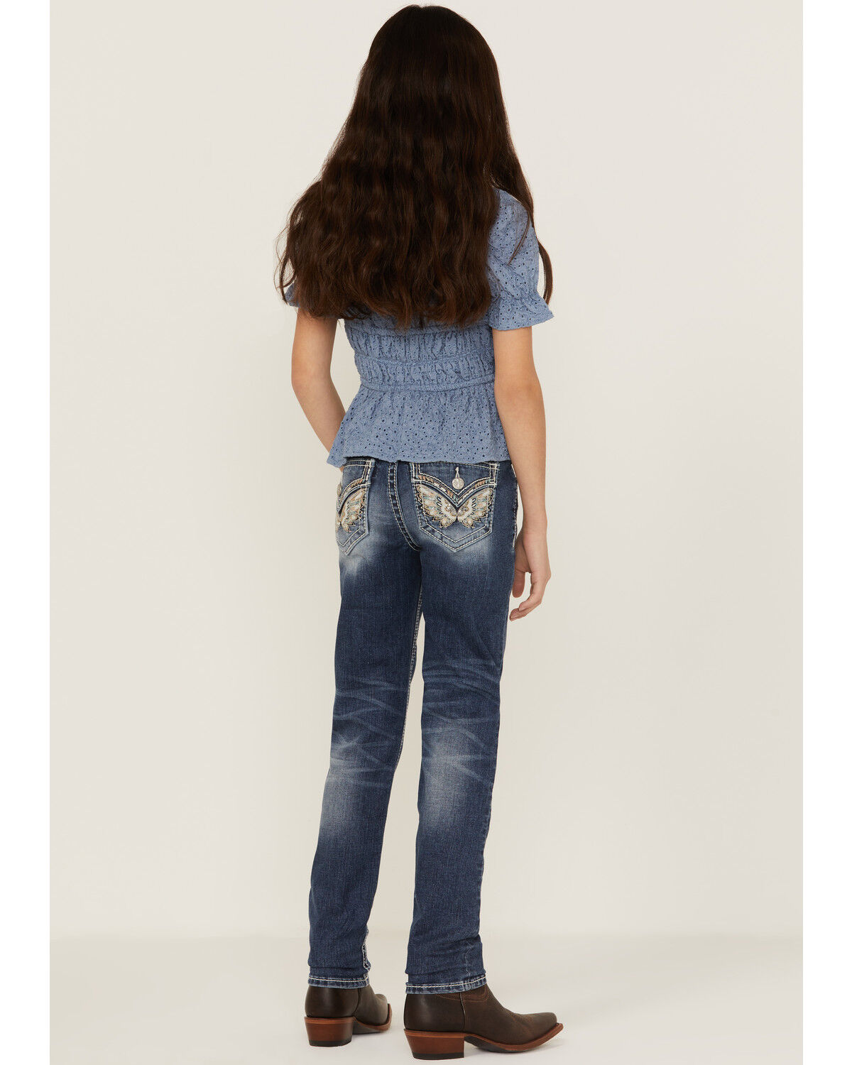 Image #3 - Miss Me Girls' Medium Wash Mid Rise Sequin Butterfly Skinny Jeans, Blue, hi-res