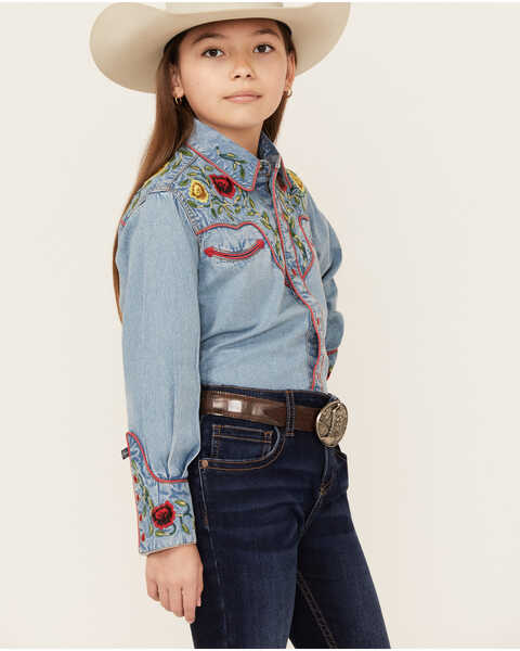 Image #2 - Rockmount Ranchwear Girls' Floral Yoke Long Sleeve Pearl Snap Denim Western Shirt , Blue, hi-res