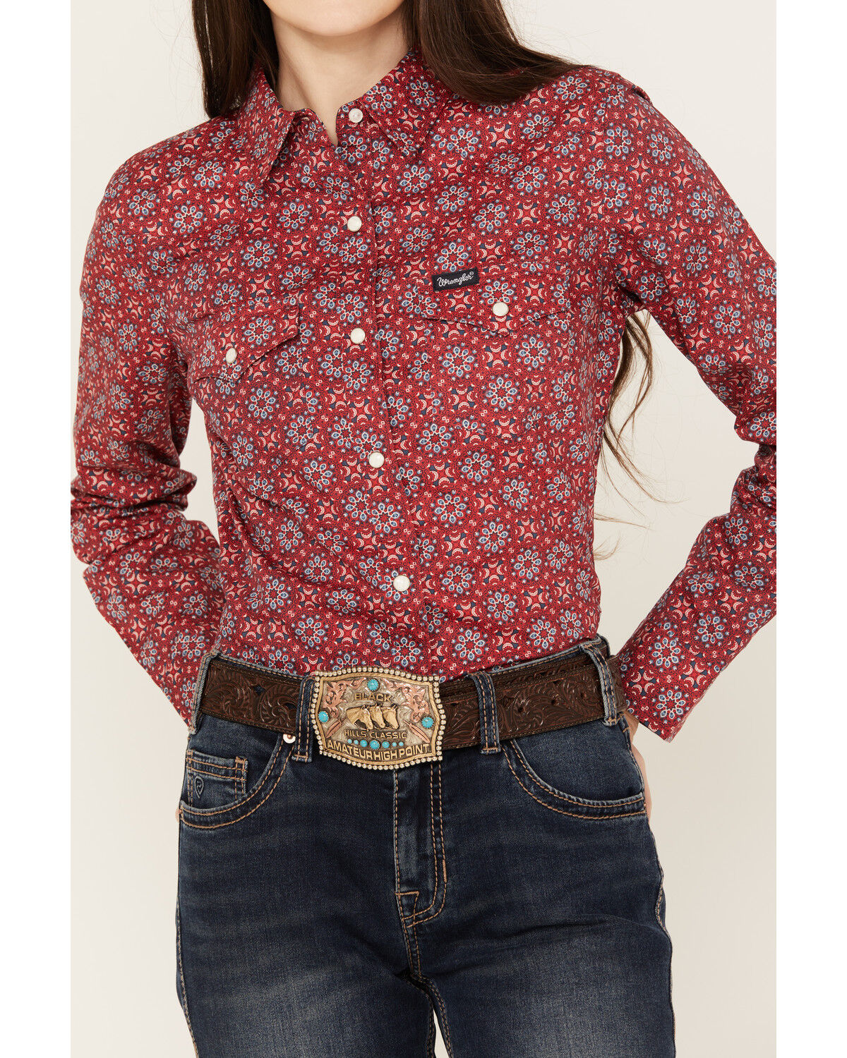 Image #3 - Wrangler Women's Floral Long Sleeve Snap Western Shirt, Burgundy, hi-res