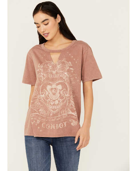 Image #1 - Blended Women's Rodeo Cowboy Cutout Short Sleeve Graphic Tee , Brown, hi-res