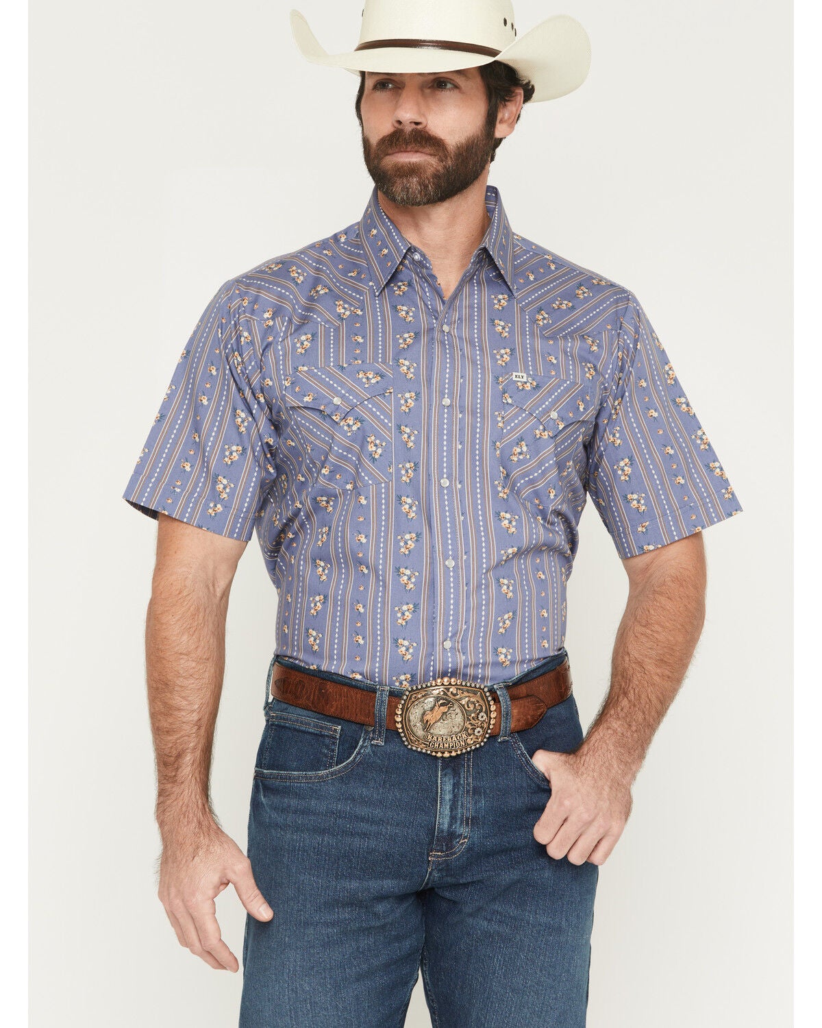 Image #1 - Ely Walker Men's Wallpaper Floral Short Sleeve Pearl Snap Western Shirt, Blue, hi-res