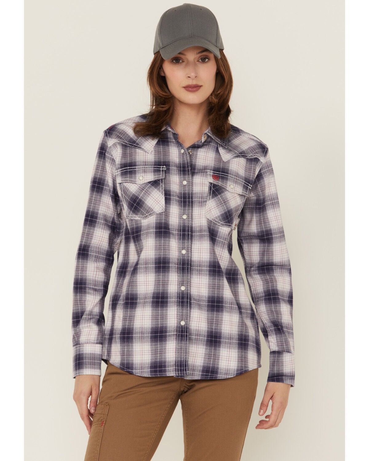 Ariat Women's FR Heritage Plaid Print Long Sleeve Snap Work Shirt, Oatmeal, hi-res