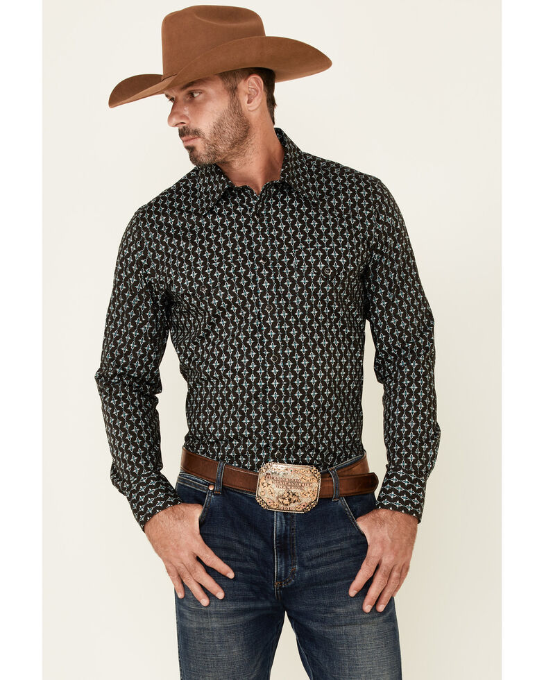 Rock & Roll Denim Men's Brown Southwestern Geo Print Long Sleeve Snap Western Shirt , Brown, hi-res