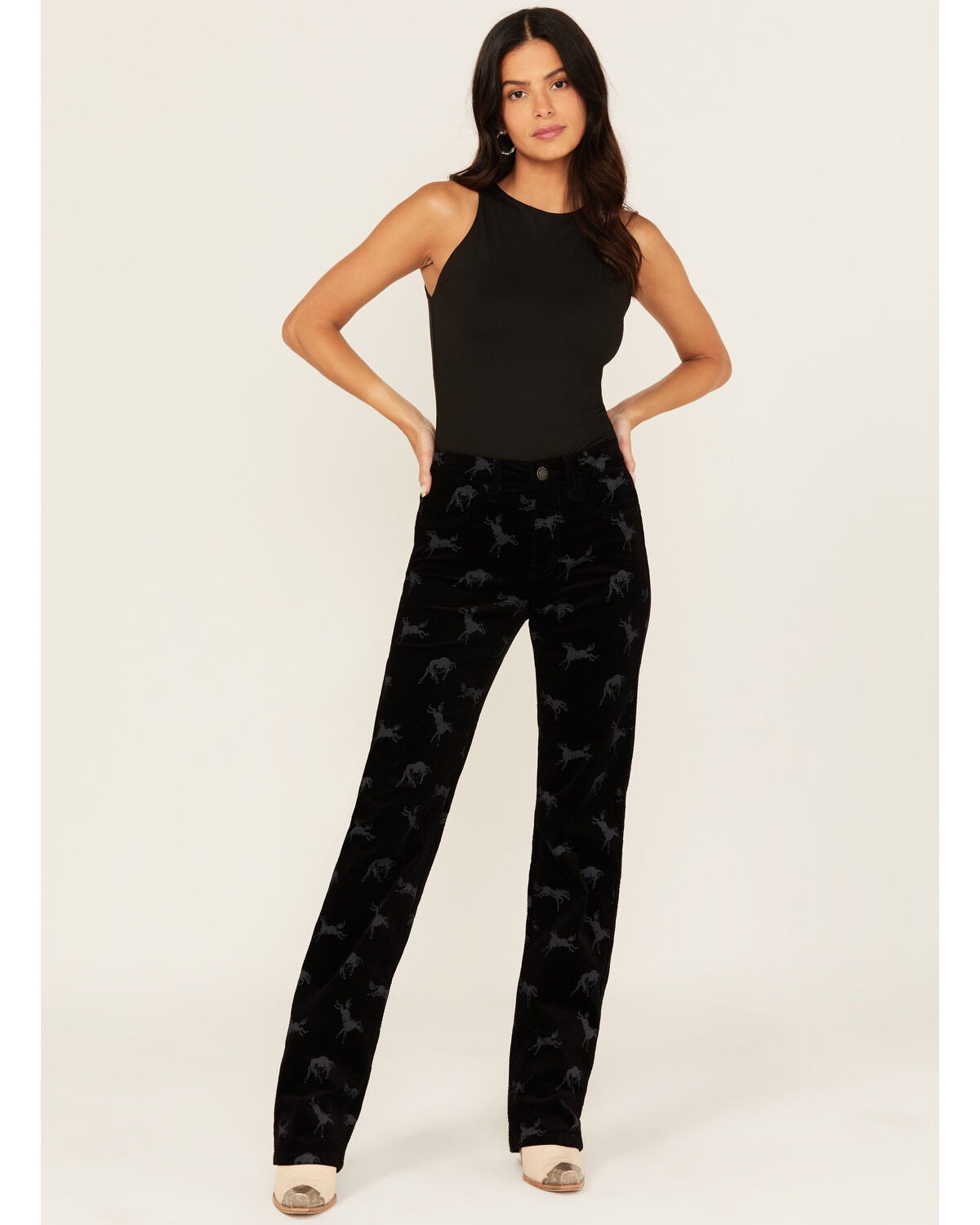 Rock & Roll Denim Women's High Rise Horse Print Modest Bootcut Stretch Corduroy Jeans, Black, hi-res