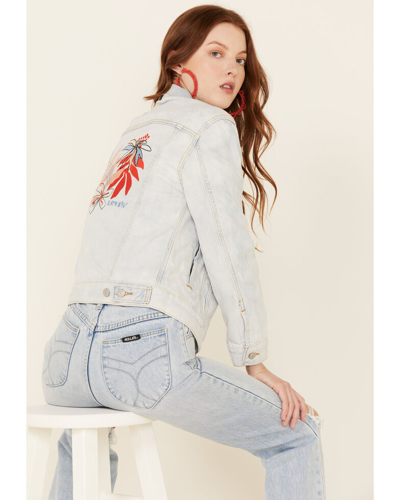 Levi's Women's Light Wash Floral Embroidered Ex-Boyfriend Denim Trucker Jacket , Light Blue, hi-res
