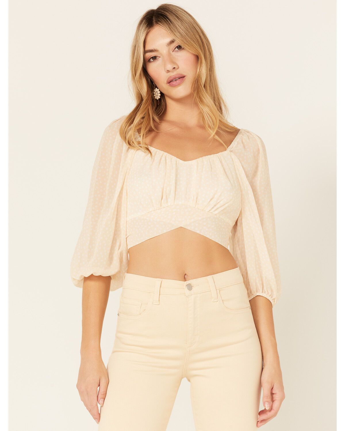 Image #2 - Beyond The Radar Women's Sheer Dot Puff Sleeve Crop Top, Cream, hi-res