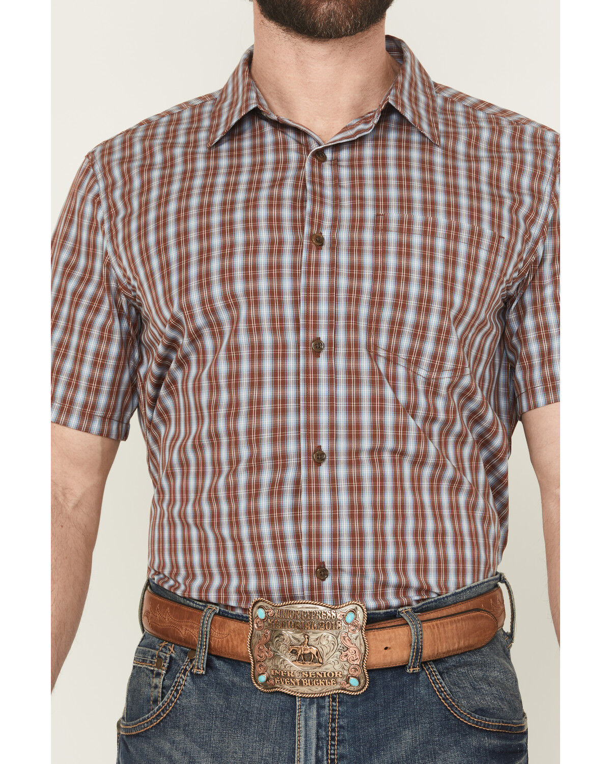 Image #3 - Gibson Trading Co Men's Mud Hole Plaid Print Short Sleeve Button-Down Western Shirt, Brown, hi-res