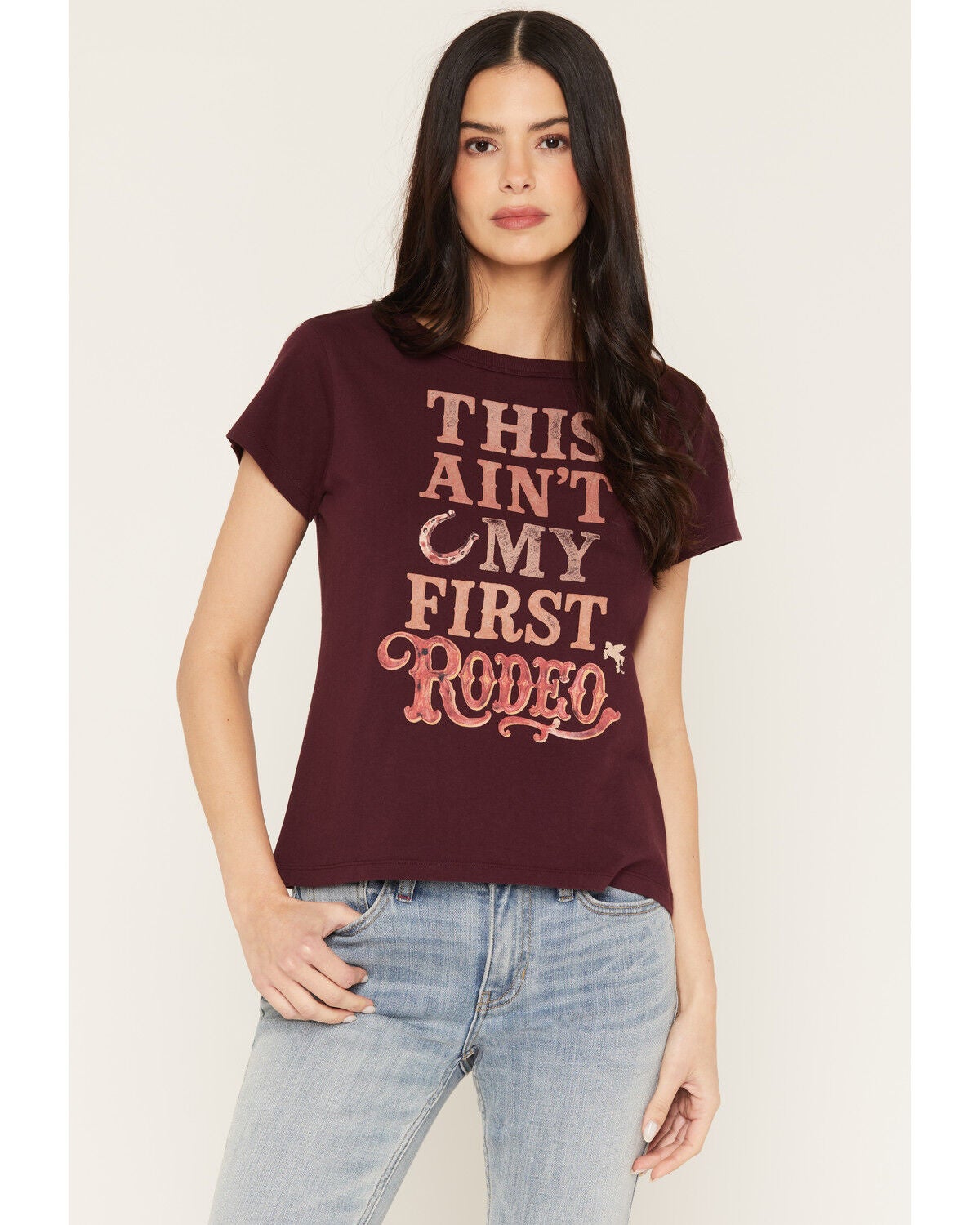 Image #1 - Idyllwind Women's This Ain't My First Rodeo Short Sleeve Graphic Tee, Wine, hi-res