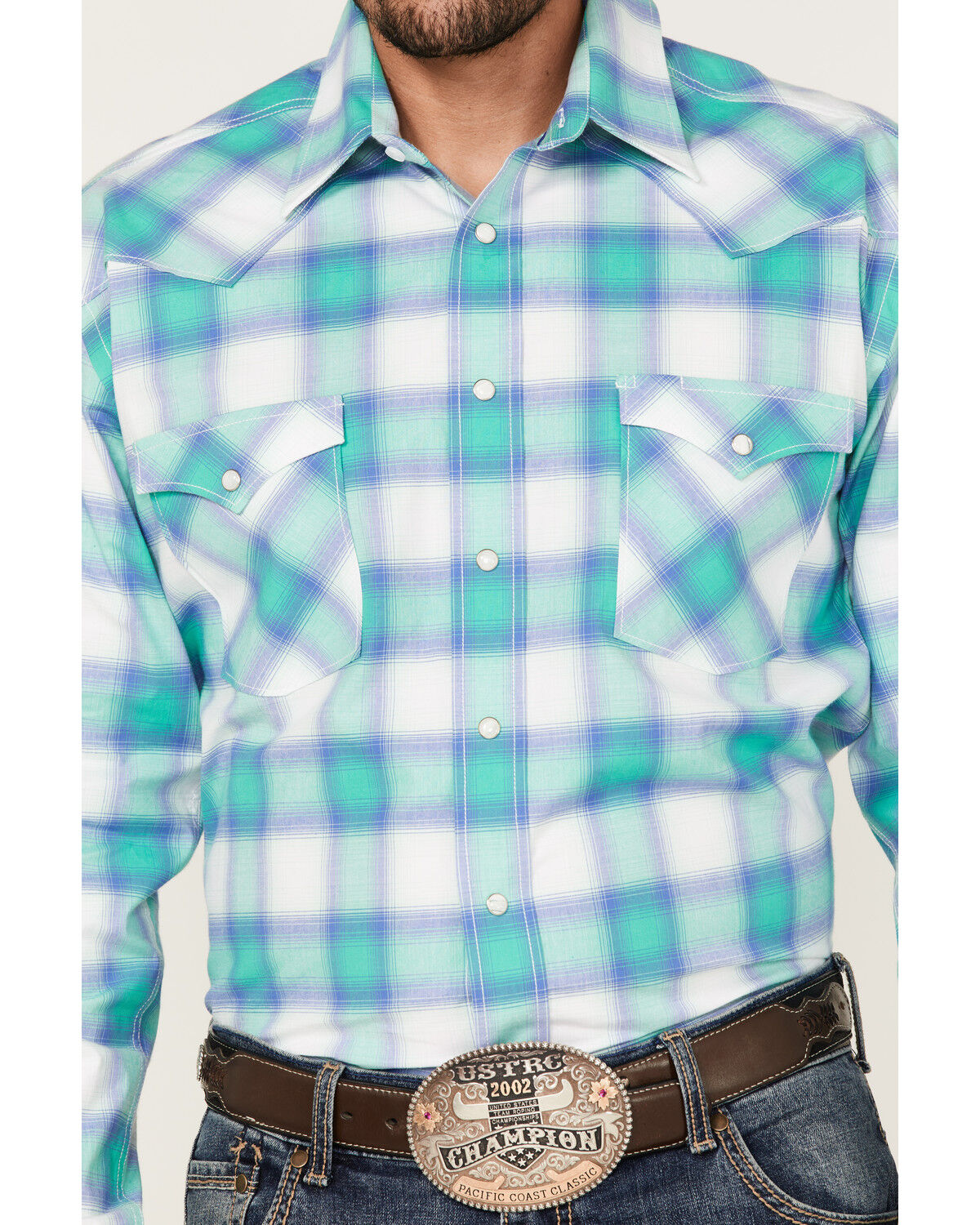Image #3 - Rough Stock By Panhandle Men's Stretch Ombre Plaid Long Sleeve Pearl Snap Western Shirt, Aqua, hi-res