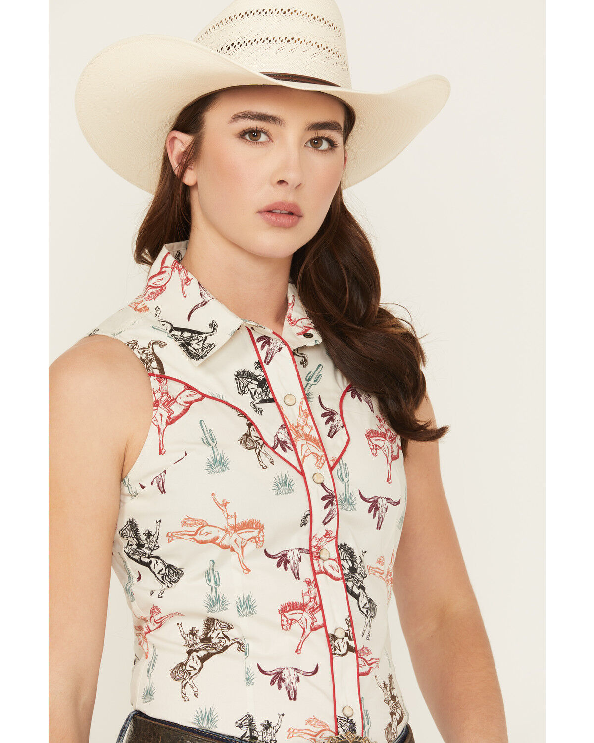Image #2 - Rock & Roll Denim Women's Western Conversation Print Sleeveless Snap Western Shirt, Natural, hi-res