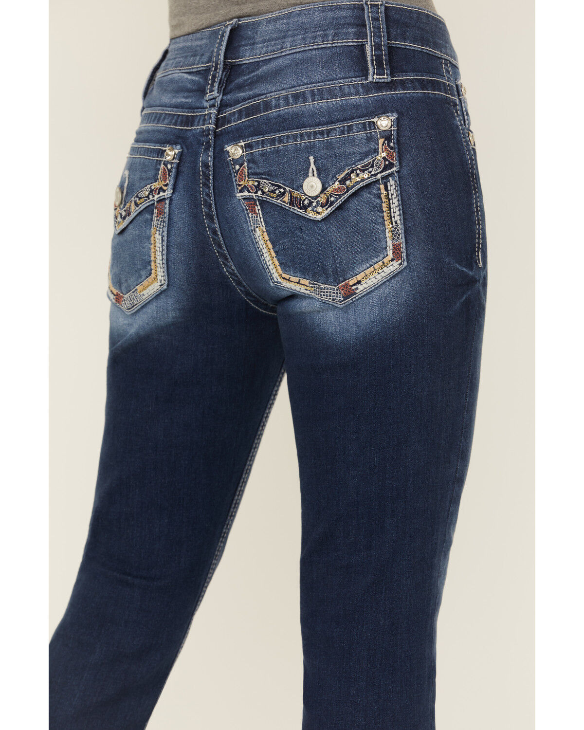Image #4 - Shyanne Women's Mid Rise Dark Wash Bootcut Paisley Faux Flap Stretch Denim Jeans, Dark Wash, hi-res