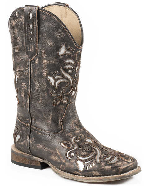 Roper Girls' Belle Underlay Western Boots - Broad Square Toe, Brown, hi-res