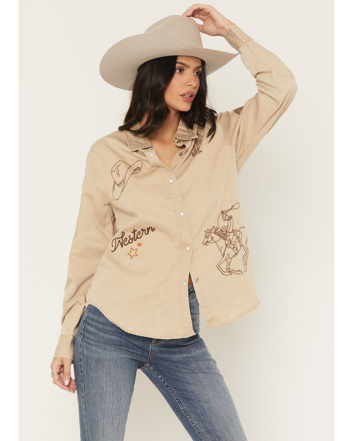 Image #1 - Blue B Women's Western Embroidered Long Sleeve Pearl Snap Western Shirt, Taupe, hi-res