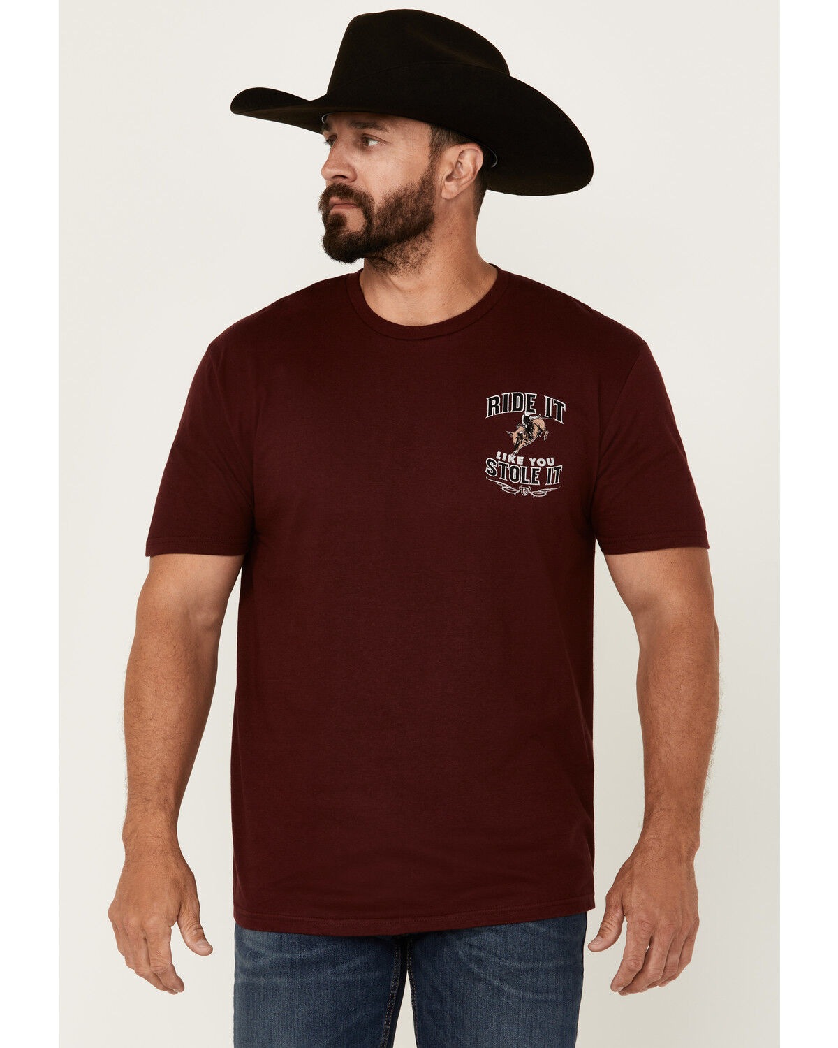 Image #2 - Cowboy Hardware Men's Boot Barn Exclusive Ride It Like You Stole It Short Sleeve Graphic T-Shirt, Maroon, hi-res