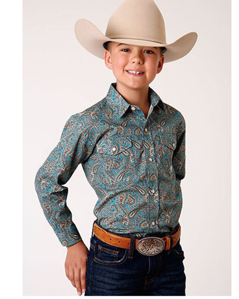 Roper Boys' Amarillo Paisley Print Long Sleeve Western Snap Shirt, Blue, hi-res