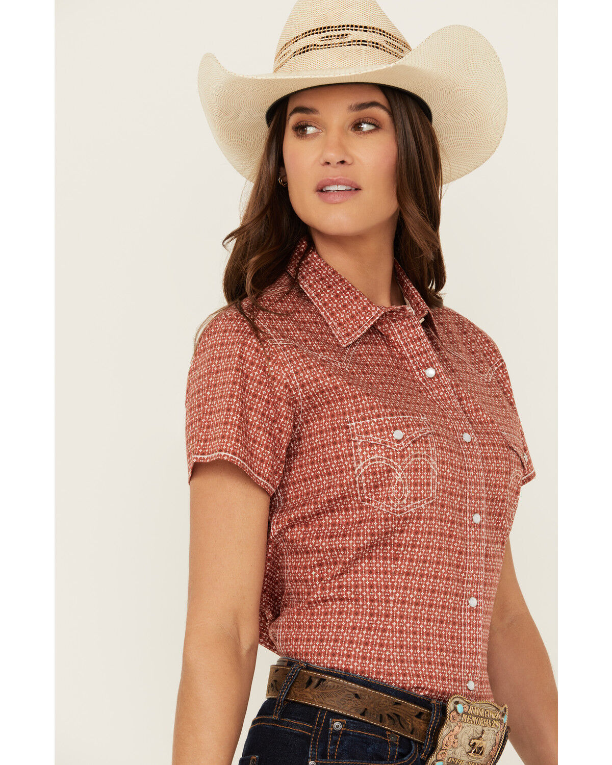 Image #2 - Rough Stock by Panhandle Women's Micro Geo Print Short Sleeve Pearl Snap Stretch Western Shirt, Rust Copper, hi-res