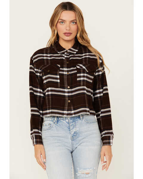 Image #1 - Cleo + Wolf Women's Cropped Plaid Print Flannel Shirt , Chocolate, hi-res