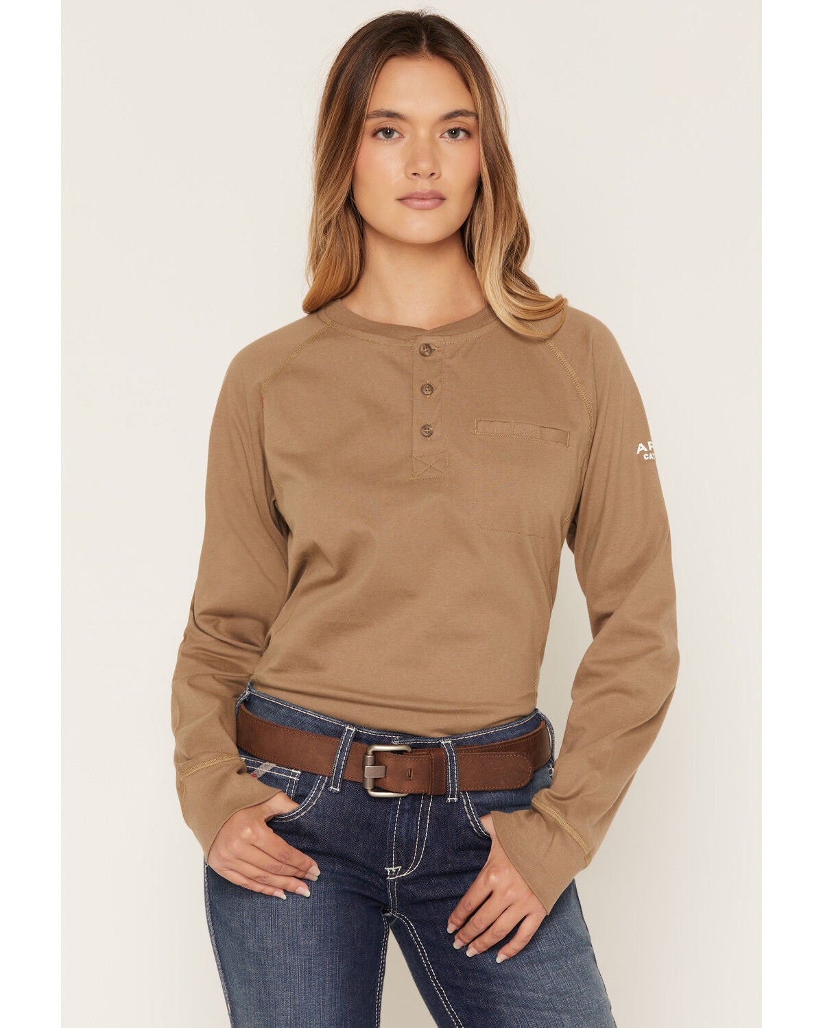Ariat Women's FR Air Henley Long Sleeve Work Shirt, Beige, hi-res