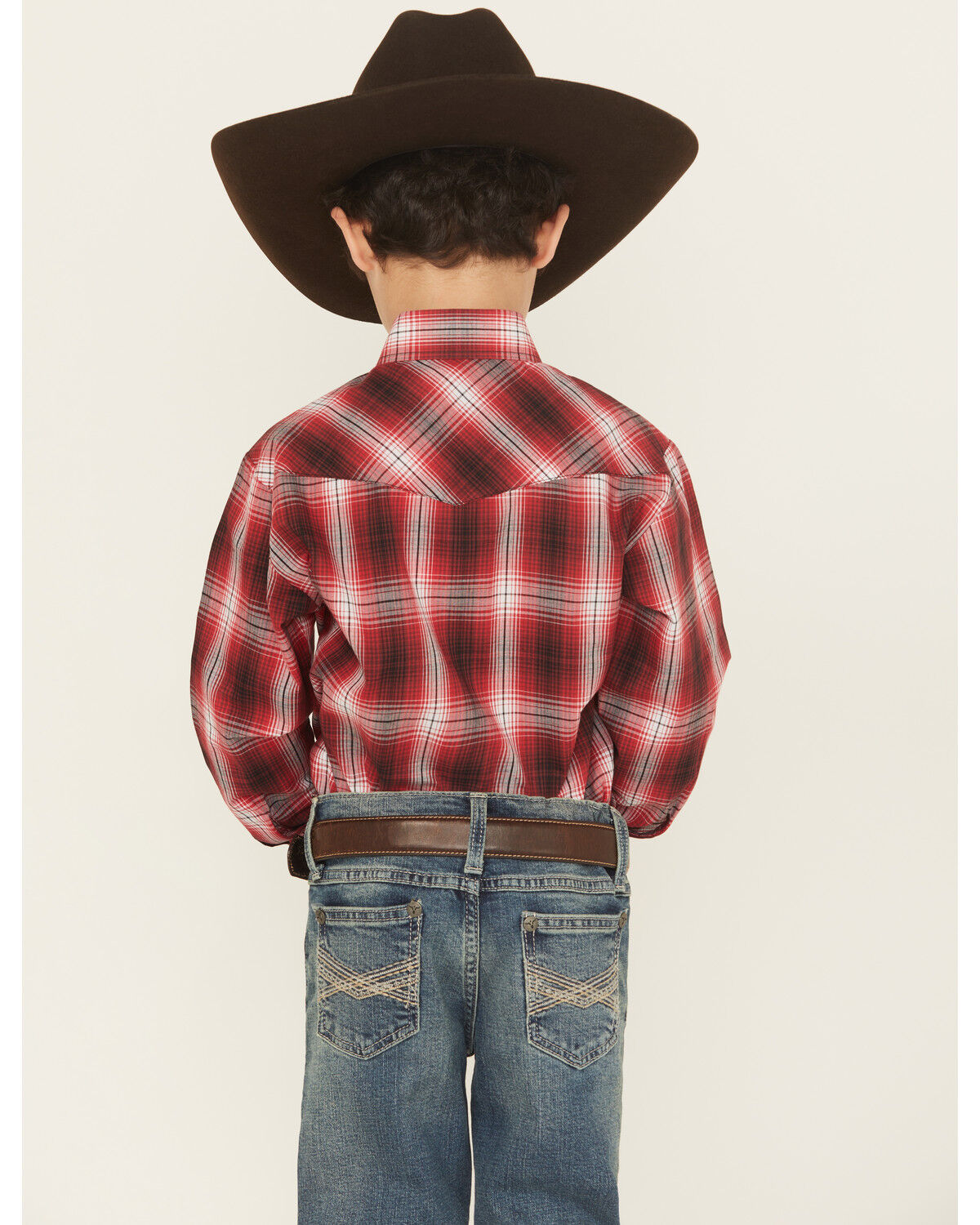 Image #4 - Roper Boys' Plaid Print Long Sleeve Pearl Snap Western Shirt, Red, hi-res