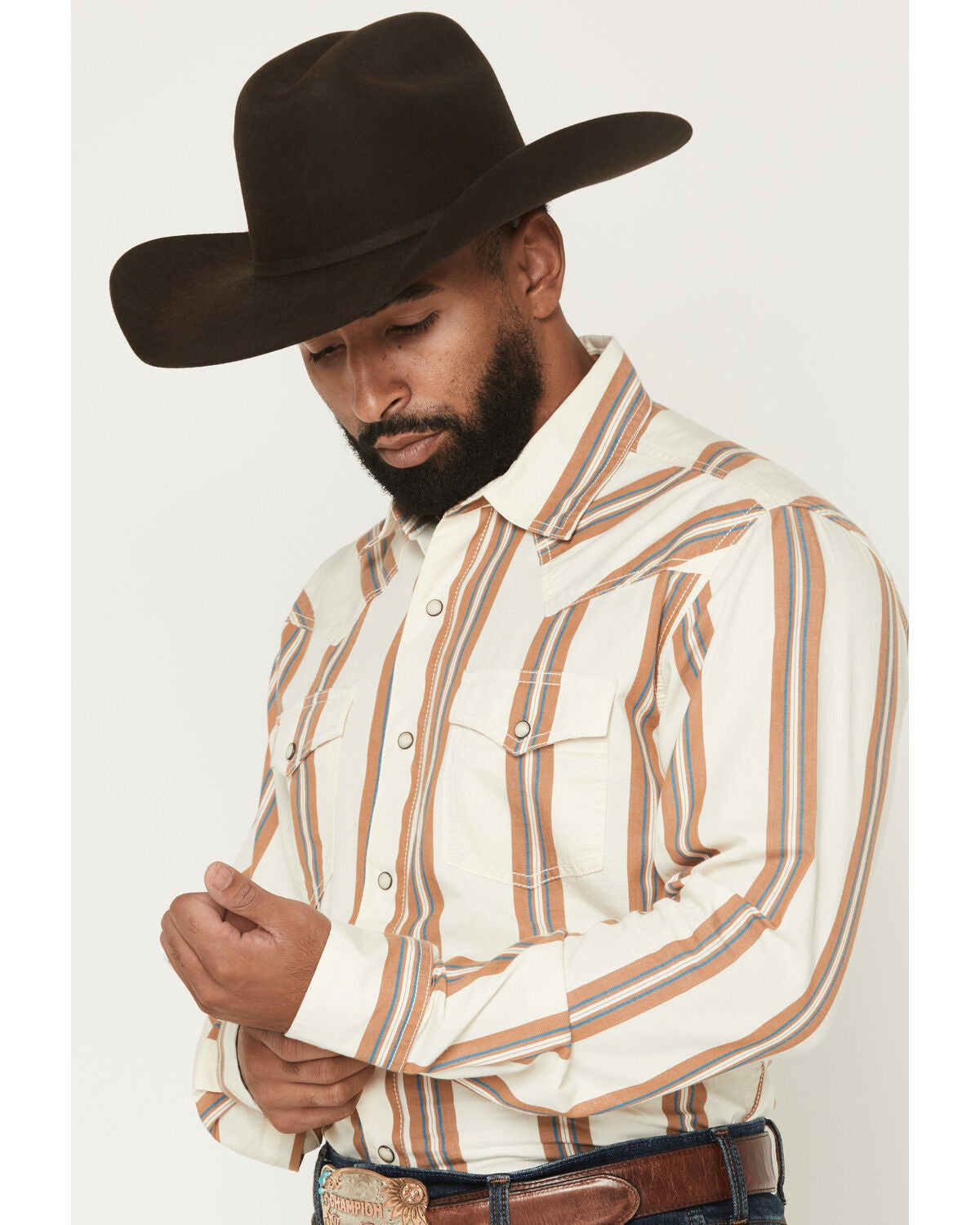 Image #2 - Wrangler Men's Boot Barn Exclusive Retro Stripe Print Long Sleeve Snap Western Shirt, Cream, hi-res