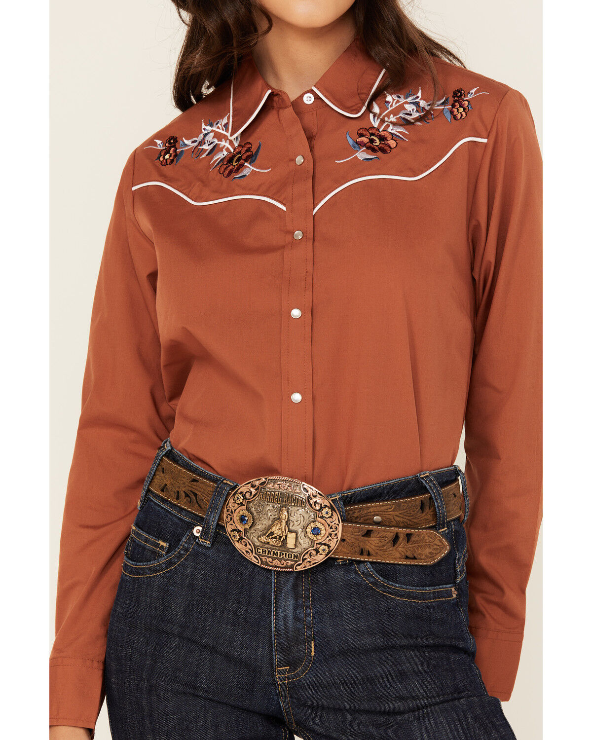 Image #4 - Ely Walker Women's Floral Embroidered Long Sleeve Pearl Snap Western Shirt, Rust Copper, hi-res