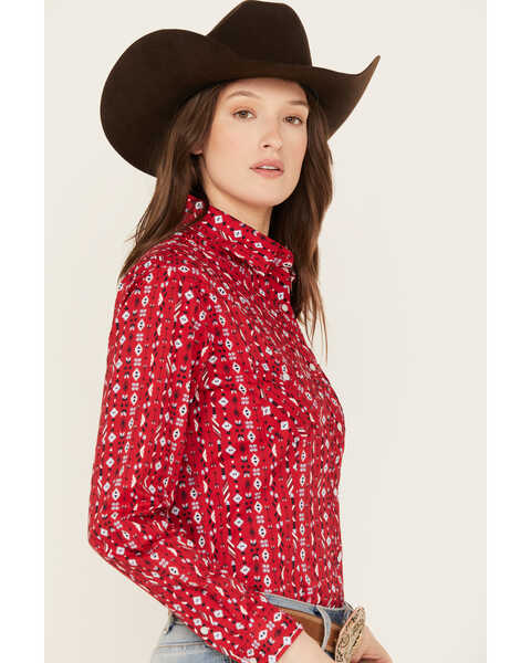 Image #2 - Rough Stock by Panhandle Women's Southwestern Print Long Sleeve Stretch Pearl Snap Western Shirt, Red, hi-res