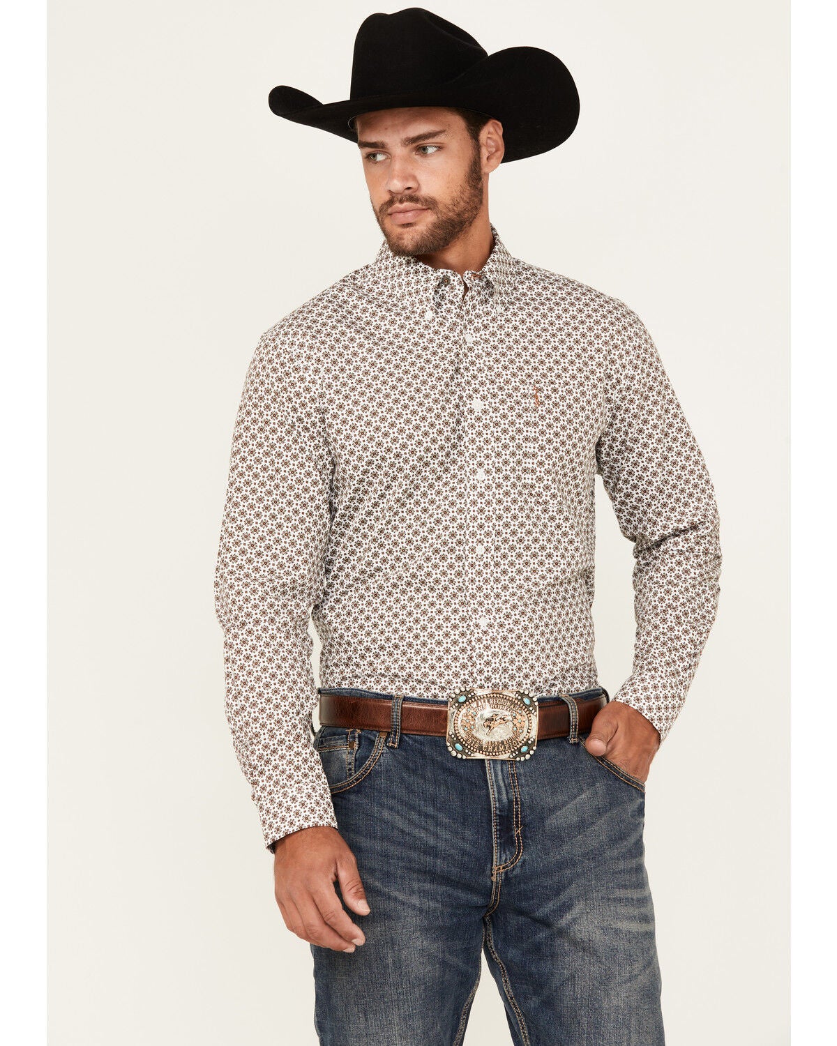 Cinch Men's Geo Print Long Sleeve Button-Down Western Shirt, White, hi-res